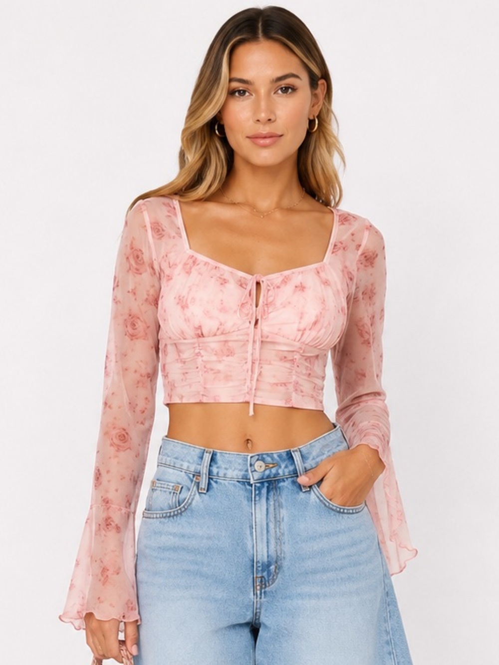 Pink Floral Mesh Ruched Crop Top Large Designer Inspired
